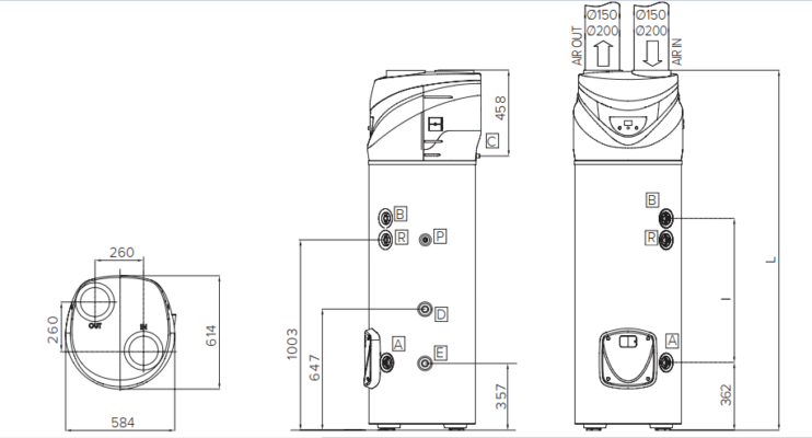 Sơ đồ, Kích thước máy bơm nhiệt Nuos Primo 240 Hc